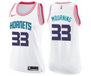 Women\'s Charlotte Hornets #33 Alonzo Mourning Swingman White Pink Fashion Basketball Jersey