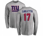 New York Giants #17 Kyle Lauletta Ash Name & Number Logo Long Sleeve T-Shirt