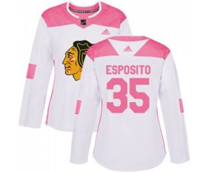 Women\'s Chicago Blackhawks #35 Tony Esposito Authentic White Pink Fashion NHL Jersey