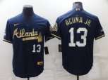 Atlanta Braves #13 Ronald Acuna Jr Navy Blue 2021 World Series Champions Golden Edition Stitched Cool Base Nike Jersey