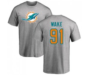 Miami Dolphins #91 Cameron Wake Ash Name & Number Logo T-Shirt