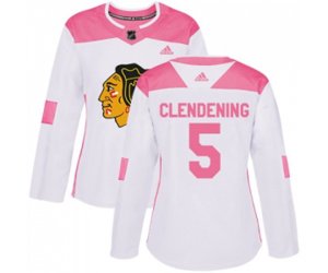 Women\'s Chicago Blackhawks #5 Adam Clendening Authentic White Pink Fashion NHL Jersey