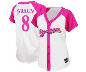 Women\'s Milwaukee Brewers #8 Ryan Braun Replica White Pink Splash Fashion Baseball Jersey
