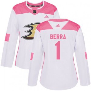 Women\'s Adidas Anaheim Ducks #1 Reto Berra Authentic White Pink Fashion NHL Jersey