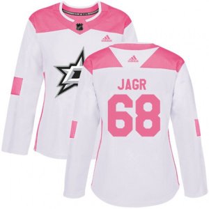 Women\'s Dallas Stars #68 Jaromir Jagr Authentic White Pink Fashion NHL Jersey