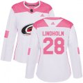 Women Carolina Hurricanes #28 Elias Lindholm Authentic White Pink Fashion NHL Jersey