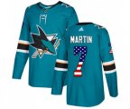 Adidas San Jose Sharks #7 Paul Martin Authentic Teal Green USA Flag Fashion NHL Jersey