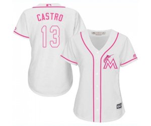 Women\'s Miami Marlins #13 Starlin Castro Replica White Fashion Cool Base Baseball Jersey