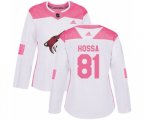 Women Arizona Coyotes #81 Marian Hossa Authentic White Pink Fashion Hockey Jersey