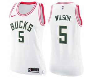 Women\'s Milwaukee Bucks #5 D. J. Wilson Swingman White Pink Fashion Basketball Jersey