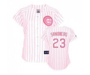 Women\'s Chicago Cubs #23 Ryne Sandberg Authentic White Pink Strip Fashion Baseball Jersey