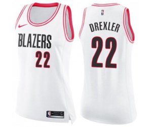 Women\'s Portland Trail Blazers #22 Clyde Drexler Swingman White Pink Fashion Basketball Jersey