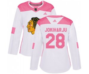 Women\'s Chicago Blackhawks #28 Henri Jokiharju Authentic White Pink Fashion NHL Jersey