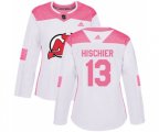 Women New Jersey Devils #13 Nico Hischier Authentic White Pink Fashion Hockey Jersey