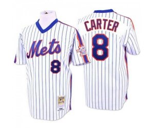 New York Mets #8 Gary Carter Authentic White Blue Strip Throwback Baseball Jersey