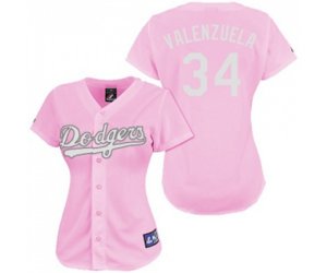 Women\'s Los Angeles Dodgers #34 Fernando Valenzuela Replica Pink Fashion Baseball Jersey