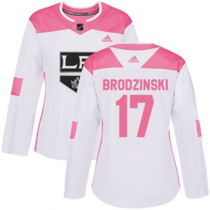 Women\'s Los Angeles Kings #17 Jonny Brodzinski Authentic White Pink Fashion NHL Jersey