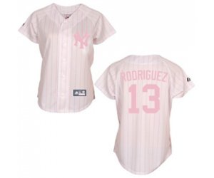 Women\'s New York Yankees #13 Alex Rodriguez Replica White Pink Strip Baseball Jersey