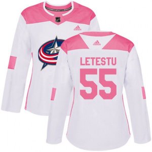 Women\'s Columbus Blue Jackets #55 Mark Letestu Authentic White Pink Fashion NHL Jersey