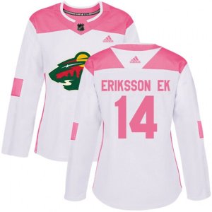 Women\'s Minnesota Wild #14 Joel Eriksson Ek Authentic White Pink Fashion NHL Jersey