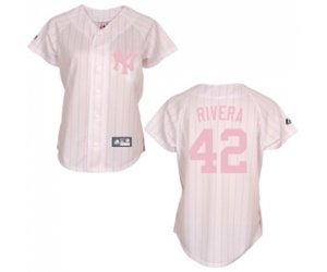 Women\'s New York Yankees #42 Mariano Rivera Replica White Pink Strip Baseball Jersey