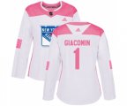 Women Adidas New York Rangers #1 Eddie Giacomin Authentic White Pink Fashion NHL Jersey