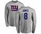 New York Giants #8 Daniel Jones Ash Name & Number Logo Long Sleeve T-Shirt