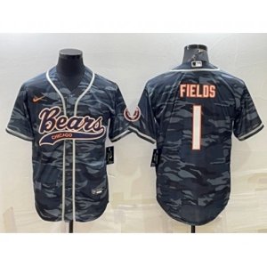 Chicago Bears Blank #1 Justin Fields Grey Camo With Patch Cool Base Stitched Baseball Jersey