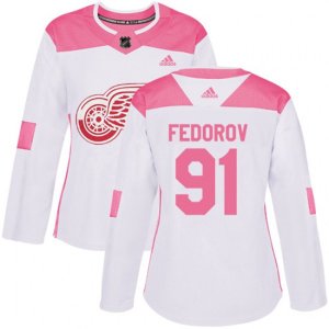 Women\'s Detroit Red Wings #91 Sergei Fedorov Authentic White Pink Fashion NHL Jersey