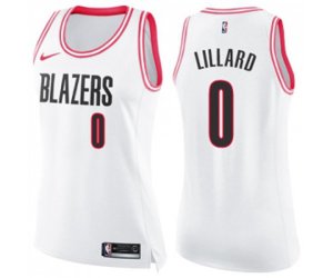 Women\'s Portland Trail Blazers #0 Damian Lillard Swingman White Pink Fashion Basketball Jersey