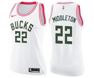 Women\'s Milwaukee Bucks #22 Khris Middleton Swingman White Pink Fashion Basketball Jersey