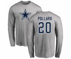 Dallas Cowboys #20 Tony Pollard Ash Name & Number Logo Long Sleeve T-Shirt