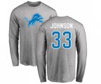 Detroit Lions #33 Kerryon Johnson Ash Name & Number Logo Long Sleeve T-Shirt