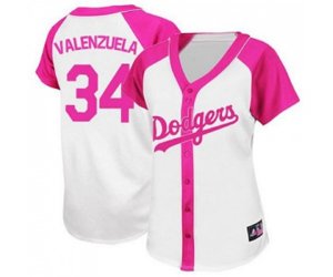 Women\'s Los Angeles Dodgers #34 Fernando Valenzuela Authentic White Pink Splash Fashion Baseball Jersey