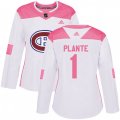 Women Montreal Canadiens #1 Jacques Plante Authentic White Pink Fashion NHL Jersey