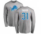 Detroit Lions #31 Teez Tabor Ash Name & Number Logo Long Sleeve T-Shirt