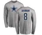 Dallas Cowboys #8 Troy Aikman Ash Name & Number Logo Long Sleeve T-Shirt