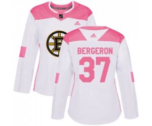 Women Boston Bruins #37 Patrice Bergeron Authentic White Pink Fashion Hockey Jersey