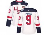 Women Adidas Team USA #9 Zach Parise Premier White Home 2016 World Cup Hockey Jersey