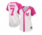 Women's New York Yankees #7 Mickey Mantle Replica White Pink Splash Fashion Baseball Jersey