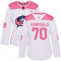 Women's Columbus Blue Jackets #70 Joonas Korpisalo Authentic White Pink Fashion NHL Jersey