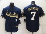 Atlanta Braves #7 Dansby Swanson Navy Blue 2021 World Series Champions Golden Edition Stitched Cool Base Nike Jersey