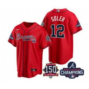 Atlanta Braves #12 Jorge Soler 2021 Red World Series Champions With 150th Anniversary Patch Cool Base Stitched Jersey