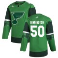 St. Louis Blues #50 Jordan Binnington Adidas 2020 St. Patrick's Day Stitched NHL Jersey Green