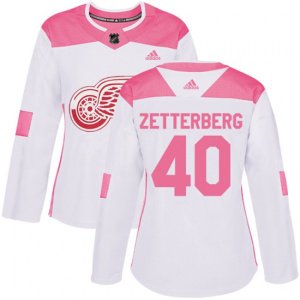 Women\'s Detroit Red Wings #40 Henrik Zetterberg Authentic White Pink Fashion NHL Jersey