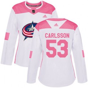 Women\'s Columbus Blue Jackets #53 Gabriel Carlsson Authentic White Pink Fashion NHL Jersey