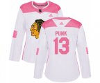 Women's Chicago Blackhawks #13 CM Punk Authentic White Pink Fashion NHL Jersey