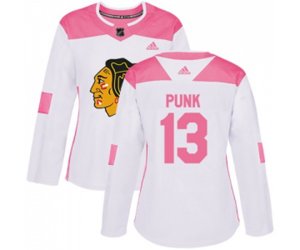 Women\'s Chicago Blackhawks #13 CM Punk Authentic White Pink Fashion NHL Jersey