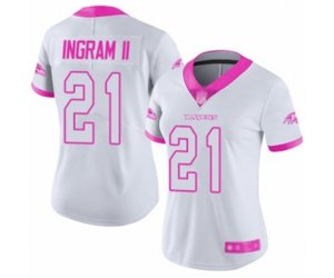 Women Baltimore Ravens #21 Mark Ingram II Limited White Pink Rush Fashion Football Jersey