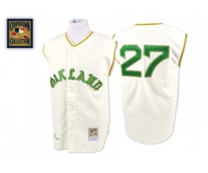 1968 Oakland Athletics #27 Catfish Hunter Authentic Cream Throwback Baseball Jersey
